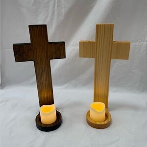 Wooden Cross Candle Holders - Brown and Tan